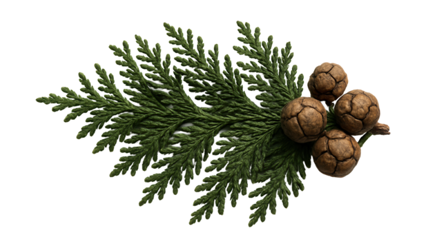 Cypress twig with overlapping, scale-like leaves and small, round cones