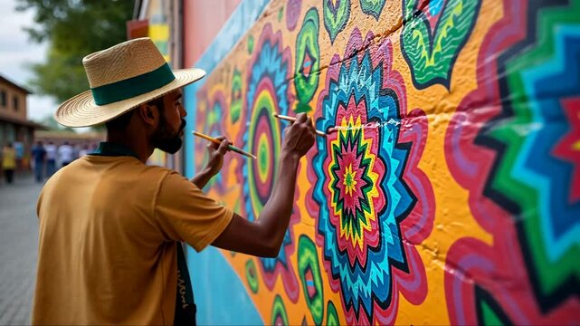 A detailed shot of a street artist painting a mural inspired by Mexican heritage, vibrant colors and intricate designs coming from latin history. Cinco de Mayo. Independence Day. Fiesta and festival.
