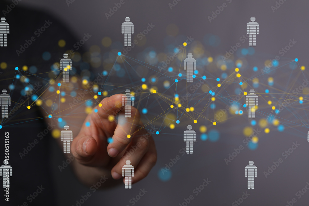 Poster Abstract image of a network connection showing people interacting online.  Ideal for technology, social media, and global communication.