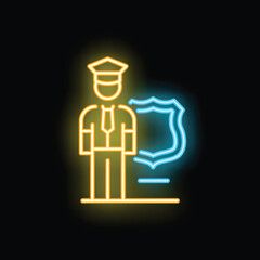 Neon police officer standing guard with shield glowing in the dark