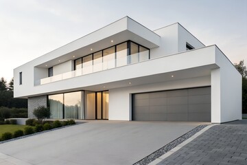 Modern White House with Balcony and Garden Representing Contemporary Living, Urban Sophistication, and Minimalist Architecture