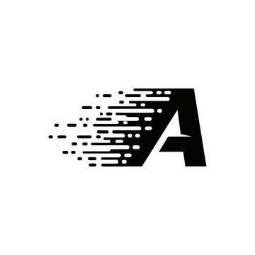 A black letter a with a pixelated effect on a white background creating a sense of movement and speed