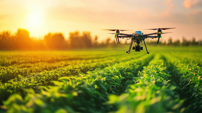 Modern smart farm landscape featuring advanced drone flying over lush green fields performing precision crop health assessment and agricultural monitoring, ideal for innovative agri-tech concepts
