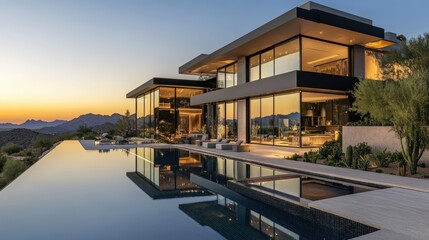 Obraz premium Modern glass mansion featuring infinity pool overlooking stunning mountain vista at sunset with minimalist architecture and lush landscaping, ideal for exclusive luxury lifestyle concepts