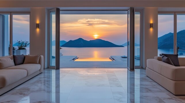 Luxury living room featuring panoramic sea view through open glass doors with elegant beige sofa and marble flooring bathed in soft sunset lighting perfect for real estate marketing