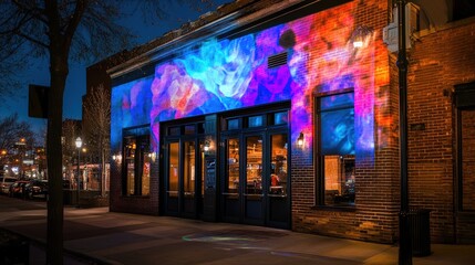 Historic jazz venue exterior featuring modern projection mapping lighting art installation showcasing cultural preservation through innovative technology and heritage building revitalization