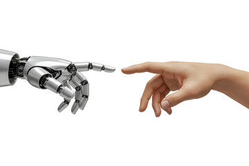 Human and robotic hands touching, PNG isolated on transparent background, AI future concept