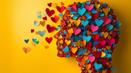 Colorful paper hearts forming a human head profile, some hearts floating away.