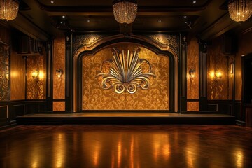 Elegant jazz age nightclub stage with vintage glamour design, featuring golden hues, ornate decor, and 1920s-inspired architecture. Luxury entertainment and roaring twenties nostalgia concept.