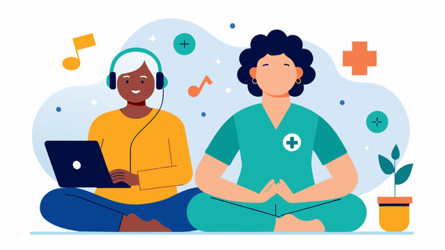 A home health aide using relaxation techniques and music therapy to help a patient with anxiety and depression.. Vector illustration
