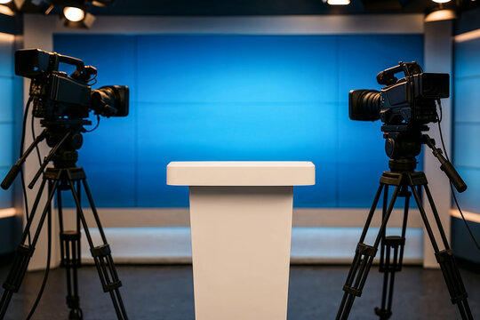 Professional television studio setup with modern cameras and podium centered on blue backdrop for broadcast