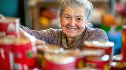 Elderly volunteer with warm smile organizing canned goods at community center, demonstrating active retirement through humanitarian service, perfect for community support and senior engagement concept