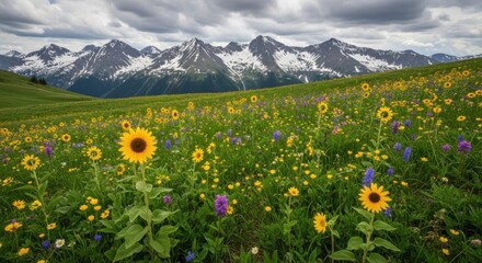Vibrant Meadow Bursting with Wildflowers Under Majestic Snow-Capped Mountains and Dramatic Clouds