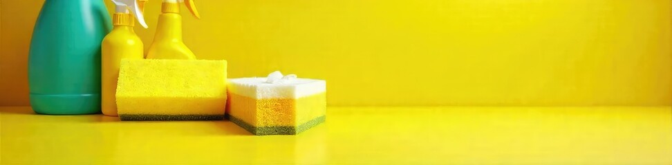 Sunny Yellow Kitchen Counter Ready for Spring Cleaning Bright Sponge and Cleaning Supplies
