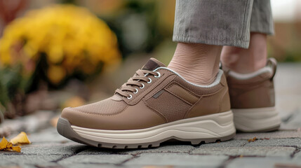 Close up of senior woman feet wearing orthopedic shoes while walking on pathway showcasing comfort and supportive design perfect for orthopedic footwear and mobility marketing