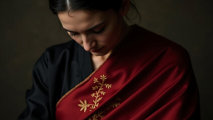 A red silk sash tied around a mourners’ chest