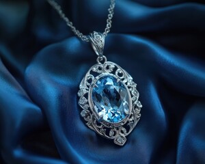 Close-up of custom-cut aquamarine pendant with intricate metalwork setting on indigo silk fabric with water droplets showcasing artistic jewelry craftsmanship and luxury gemstone design