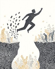 An abstract illustration depicting a person leaping over a gap, symbolizing aspiration, ambition, and the pursuit of wealth amid natural elements.