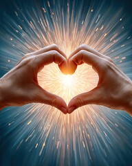 A pair of hands forming a heart shape with a glowing light emanating from the center, symbolizing love, positivity, and emotional connection in a vibrant, dynamic background.