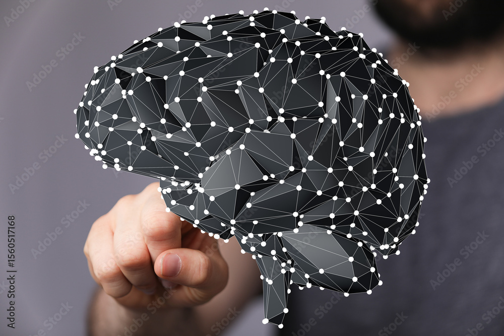 Poster abstract 3d brain model. ai, neural network, technology concept. stock photo.