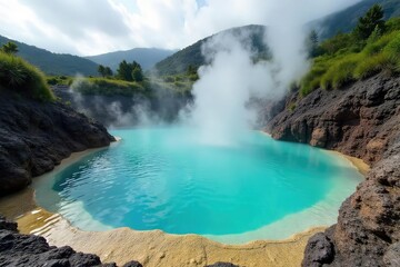 Serene Geothermal Hot Spring Turquoise Waters, Lush Greenery, Volcanic Rock Formations, Ideal for Relaxation and Travel