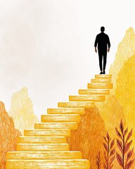 A silhouette of a person ascending golden stairs symbolizing wealth and success. The illustration captures the journey towards achievement in a creative, abstract manner.