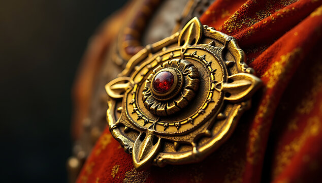 A vivid close-up of a beaten gold chest badge from a matam procession