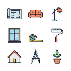 Simple Line Art Home Improvement and Renovation Tool Element Icon Set