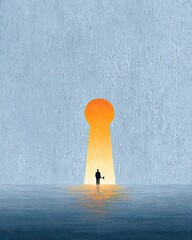 This artwork captures a solitary figure standing before a keyhole illuminated by a rising sun, symbolizing hope, discovery, and the journey towards new opportunities.