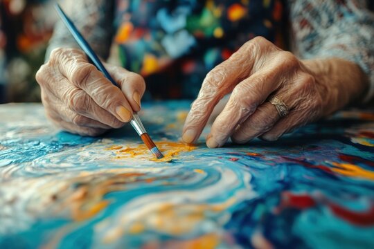 Senior citizen's hands delicately creating art therapy piece showcasing cognitive stimulation and emotional healing concept for elderly mental health treatment and geriatric wellness care
