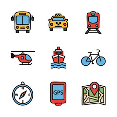 Simple Color Flat Design Transportation Means Vehicle Icon Set Illustration