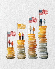 An artistic representation of growth and achievement, featuring diverse individuals standing atop stacks of coins, symbolizing economic success and aspiration in a dynamic marketpl