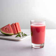 Refreshing pink watermelon juice in a glass with sliced watermelon on a marble board