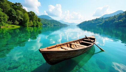 Obraz premium Serene Wooden Rowboat on Crystal Clear Lake Tranquil Nature Scene Ideal for Travel, Relaxation, and Holiday Themes