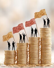 A creative representation of success and growth in finance, featuring silhouettes of people on coin stacks, holding flags to signify achievement and ambition in the business world.
