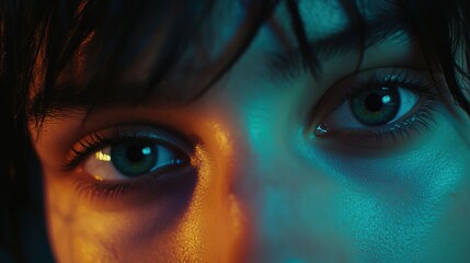 Emotional eyes reflecting multidimensional gender fluid expression and personal self-acceptance journey. LGBTQ visibility campaigns and inclusive brand marketing promoting authentic identity.