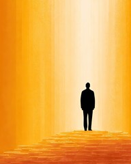 A solitary silhouette stands on a staircase leading to a bright, warm light. This visual symbolizes hope, introspection, and the journey towards enlightenment and self-discovery.
