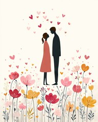 A romantic illustration of a couple surrounded by colorful flowers and hearts, representing love, connection, and affection in a whimsical and artistic style.
