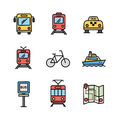 Flat Lineart Transportation Vehicle Icons Set for City Navigation Application