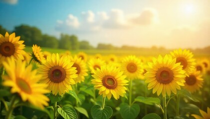 Obraz premium Sunflowers Basking in Summer Sunshine A Vibrant Field of Golden Yellow Petals Reaching for the Sky, Picturesque Natural Beauty