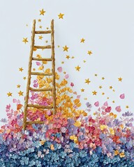 A whimsical scene featuring a wooden ladder amidst a vibrant arrangement of colorful flowers and floating stars, creating a dreamlike atmosphere of wonder and imagination.