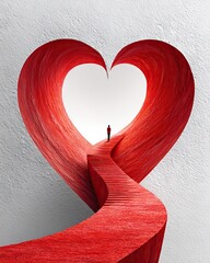 A surreal pathway leads through a heart-shaped opening, symbolizing love and connection. A solitary figure stands at the entrance, inviting viewers to explore deep emotions.