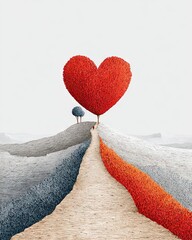 A whimsical landscape features a large heart-shaped tree symbolizing love and connection, set against a serene backdrop. A small tree beside it enhances the enchanting vibe.