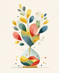 A vibrant watercolor illustration of a vase filled with colorful leaves and plants, showcasing an artistic blend of hues and shapes, ideal for adding a touch of nature to any space