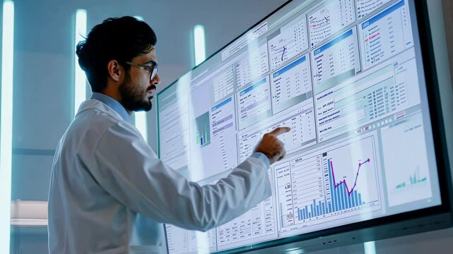 Large digital dashboard showing test results analyzed by QA engineer, with copyspace