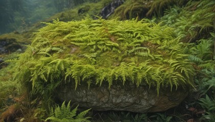 Ancient moss-covered stone slab in a fern-filled mountain wilderness , mountain scenery, botany, natural background