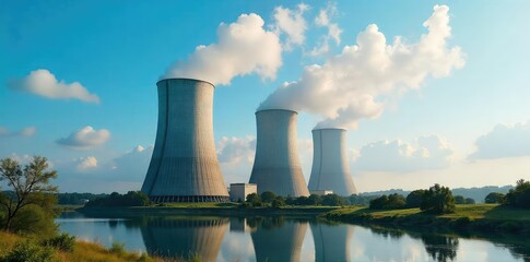Majestic Nuclear Power Plant with Cooling Towers Steam Against Vibrant Blue Sky Clean Energy Production, Industrial Technology, Environmental Impact