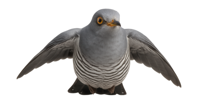 Eurasian cuckoo with slender gray body and barred underparts