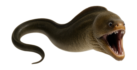 Moray eel with an elongated, serpentine body and a wide, gaping mouth revealing sharp teeth
