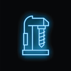 Blue neon sign depicting a drilling machine on a black background, ideal for illustrating concepts such as industry, construction, and manufacturing